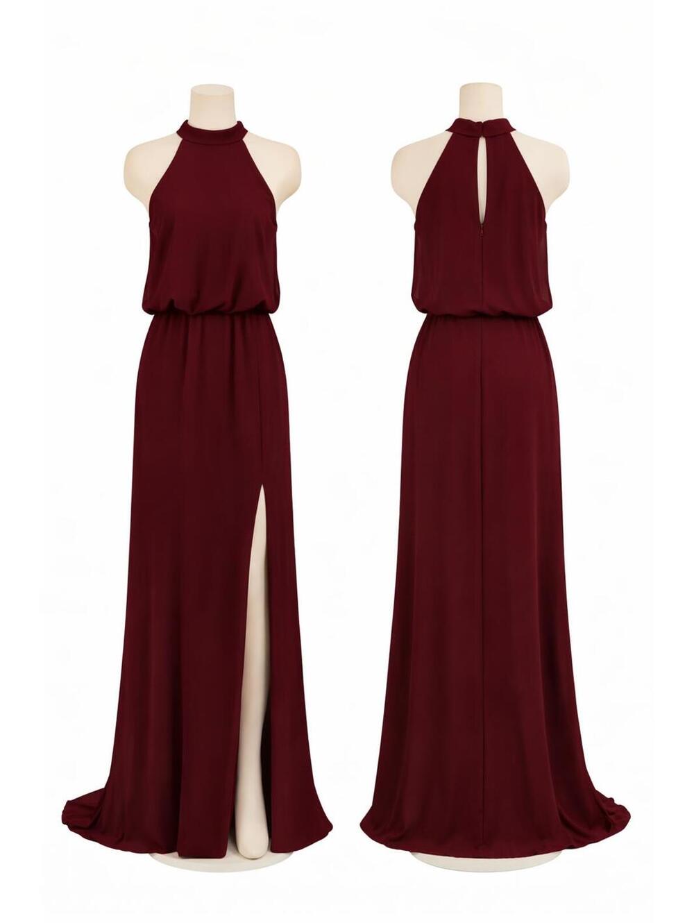 Badgley Mischka Wine Chiffon Blouson Gown High Neck Side Slit Formal Burgundy *4 - Picture 1 of 6